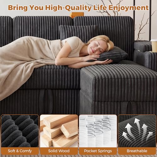 100" Modular Sectional Sleeper Sofa with Pull Out Bed/Side Table/USB Charging/Storage Chaise, U Shaped 7 Seat Corduroy Sofa with Storage Armrests/Cup Holders, Comfy Convertible Cloud Couch, Grey