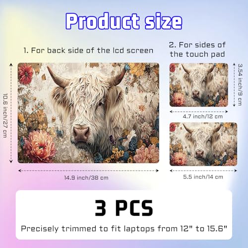 Universal Laptop Skin Sticker Decal, Compatible with MacBook HP Dell Lenovo 12"-15.6", Reusable Vinyl Notebook Cover 3PCS Set, High-Recognition Film-Highland Cow with Flower - color: Highland Cow with Flower