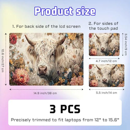 Universal Laptop Skin Sticker Decal, Compatible with MacBook HP Dell Lenovo 12"-15.6", Reusable Vinyl Notebook Cover 3PCS Set, High-Recognition Film-Highland Cow with Flower - color: Highland Cow with Flower