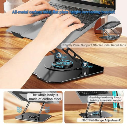 360° Rotating Laptop Stand for Desk, Heavy Duty Solid Steel Ergonomic Laptop Riser, Foldable Portable Computer Holder, Stable Adjustable Stand Compatible with MacBook Air/Pro 10-16 Inch Laptops - color: black