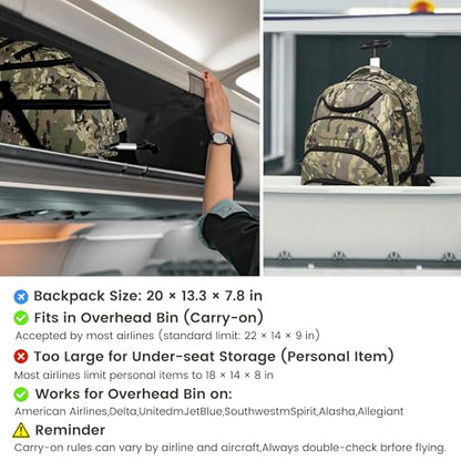 Boavan Rolling Backpack,17 inch Water Resistant Wheeled Backpack,Carry on Luggage Business Bag, Overnight College Computer Bag Trolley Suitcase for Men Women Adults to Travel - color: Army Camo, size: 17.3 inches