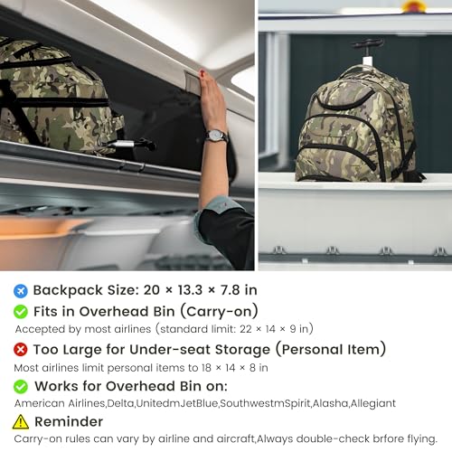 Boavan Rolling Backpack,17 inch Water Resistant Wheeled Backpack,Carry on Luggage Business Bag, Overnight College Computer Bag Trolley Suitcase for Men Women Adults to Travel - color: Army Camo, size: 17.3 inches