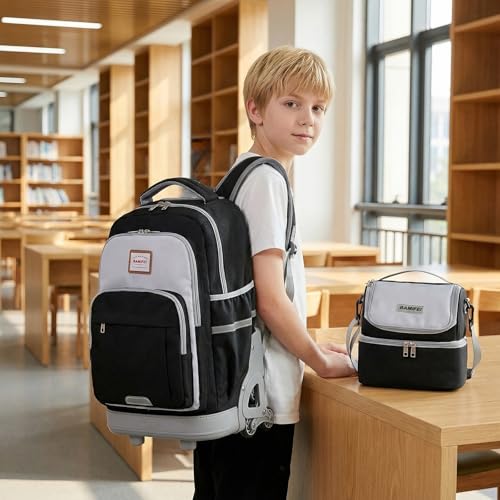 18 Inch Black Rolling Backpack for Kids, Black Climb Stairs Rolling Backpack Carry On Wheeled School Backpack, Spacious Multiple Compartments Quiet Wheels Travel Backpack for Boys