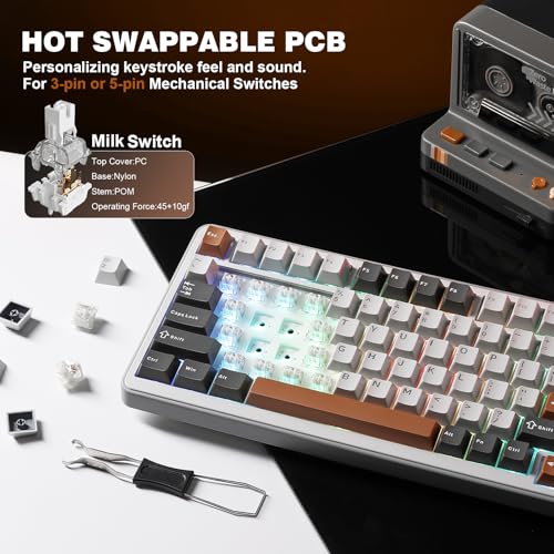 YUNZII B75 PRO Wireless Mechanical Gaming Keyboard | Custom 75% Layout with Knob,Gasket Mount,Hot Swap,Creamy Pre-lubed Switch,BT/USB-C/2.4G(Milk Switch,Grey) - color: Grey, size: Milk Switch