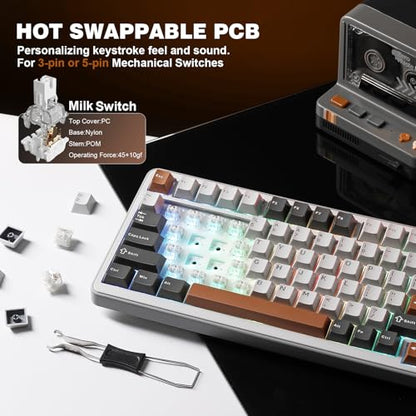YUNZII B75 PRO Wireless Mechanical Gaming Keyboard | Custom 75% Layout with Knob,Gasket Mount,Hot Swap,Creamy Pre-lubed Switch,BT/USB-C/2.4G(Milk Switch,Grey) - color: Grey, size: Milk Switch