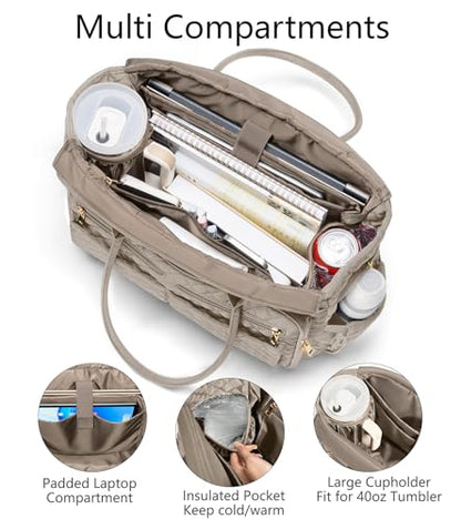 Bagstellar Teacher Tote Bag for Women, 15.6" Laptop Work Tote Computer Bag | Quilted Bible Nurse Bag with 40oz Cup Holder, Insulated Pocket & Strap, Large Laptop Briefcase for School Travel Office Gifts - color: Taupe
