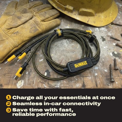 DEWALT 100W Smart USB-C to USB-C Splitter – Data Transfer & Fast Charging | 1-to-3 Output, Kevlar Reinforced, 6ft Heavy-Duty for Laptop, MacBook, iPad, Android, Samsung, iPhone, Works w/Carplay