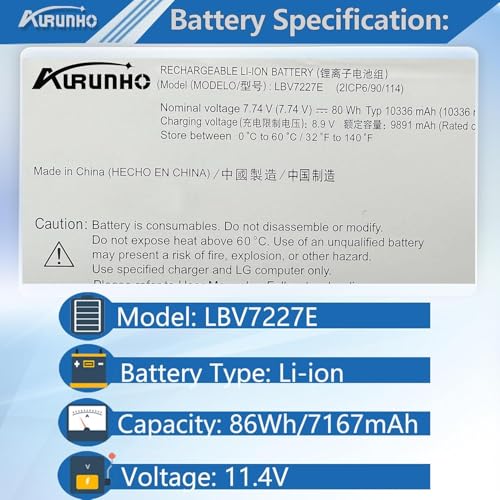 LBV7227E 80Wh Laptop Battery Replacement for LG Gram 14Z90N 15Z90N 17Z90N 17Z90P 17Z95P Gram 16 2-in-1 16T90P 16Z90P 16Z90PC 16Z90PG 16ZD90P Series 7.74V 10336mAh
