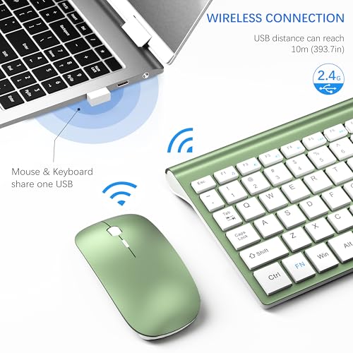 Wireless Keyboard and Mouse Ultra Slim Combo, TopMate 2.4G Silent Compact USB 2400DPI Mouse and Scissor Switch Keyboard Set with Cover, Batteries Included, for PC/Laptop/Windows/Mac - Green White - color: Green White