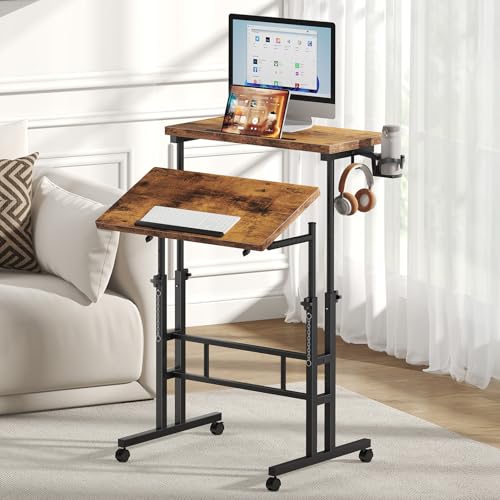 DUMOS Rolling Standing Desk, Sit Stand Desk, Computer Cart | 23.6 Inch Width, Height Adjustable, Split Top, Mobile Laptop Workstation, Office Table, Portable Design, Rustic Brown - color: Brown