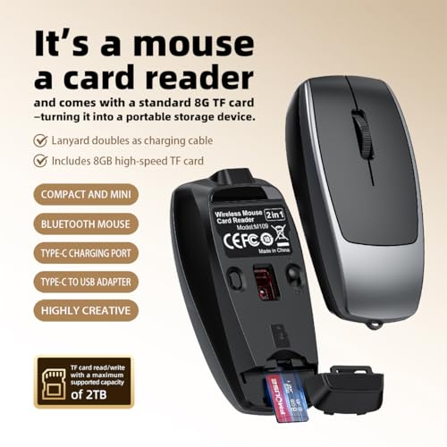 FMOUSE Ultra-Compact 2-in-1 Wireless Bluetooth Mouse & TF Card Reader - Includes 8GB TF Card, 3.07×1.49×0.87in / 30g, USB-C Rechargeable, for MacBook iPad Laptop Chromebook, Travel Business, Grey - color: Grey / With 8GB TF Card