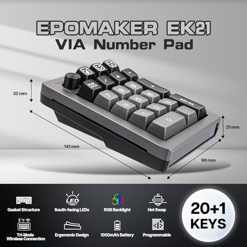 EPOMAKER EK21 VIA Gasket Number Pad, Bluetooth 5.0/2.4ghz/Wired Hot Swappable Numpad, with Poron Foam, Aluminum Alloy Knob, 1000mAh Battery, Programmable (Black, Flamingo Switch)