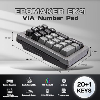 EPOMAKER EK21 VIA Gasket Number Pad, Bluetooth 5.0/2.4ghz/Wired Hot Swappable Numpad, with Poron Foam, Aluminum Alloy Knob, 1000mAh Battery, Programmable (Black, Flamingo Switch)