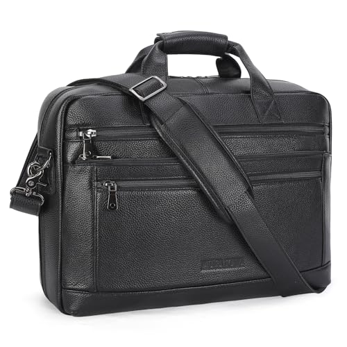 Masa Kawa Men’s Leather Briefcase for 16" Laptop Waterproof Crossbody Shoulder Messenger Bag Business Travel Work Computer Attache Case, Black
