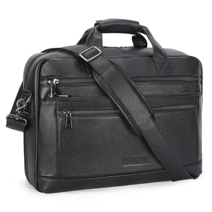 Masa Kawa Men’s Leather Briefcase for 16" Laptop Waterproof Crossbody Shoulder Messenger Bag Business Travel Work Computer Attache Case, Black