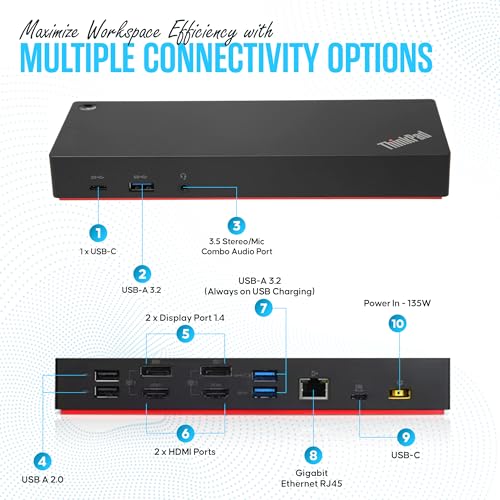 40AF0135US Lenovo Docking Station Dual Monitor - ThinkPad Dock USB-C, USB-A | Dual Monitor Support – Connect multiple displays with 135W Adap TER, HDMI & DisplayPort outputs