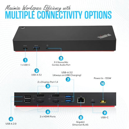 40AF0135US Lenovo Docking Station Dual Monitor - ThinkPad Dock USB-C, USB-A | Dual Monitor Support – Connect multiple displays with 135W Adap TER, HDMI & DisplayPort outputs