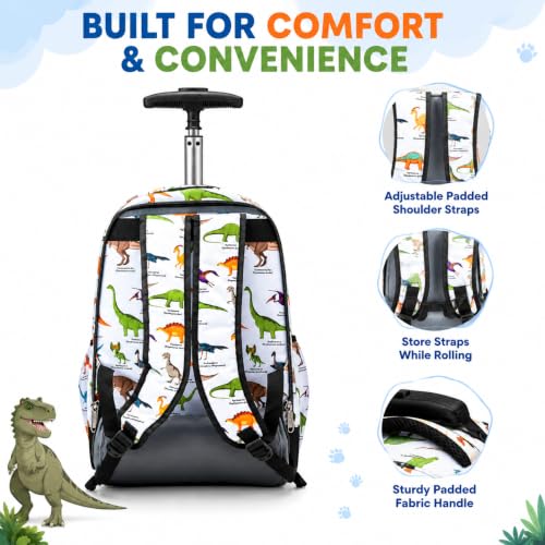 Heavy Duty Rolling Backpack School Bookbag with Wheels Deluxe Wheeled Daypack - color: Dino