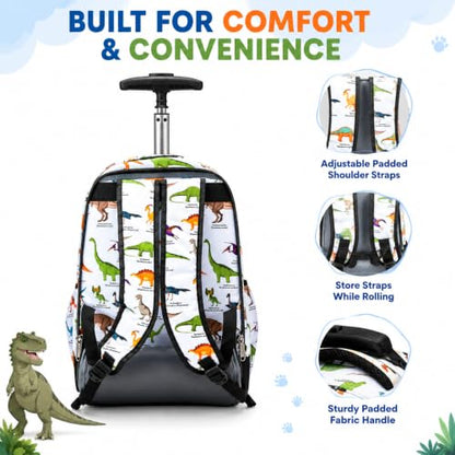 Heavy Duty Rolling Backpack School Bookbag with Wheels Deluxe Wheeled Daypack - color: Dino