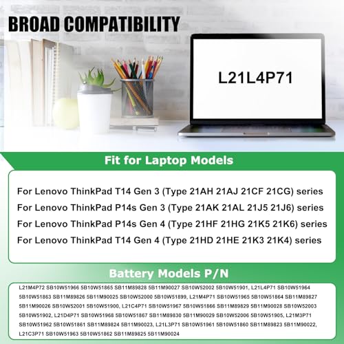 L21M4P72 L21L4P71 Laptop Battery Replacement for Lenovo ThinkPad T14 P14s Gen 3 ThinkPad T14 P14s Gen 4 Series SB10W51966 5B10W51865 L21M4P71 L21C4P71 L21D4P71 L21M3P71 L21L3P71 15.44V 52.5Wh - style: Battery L21M4P72