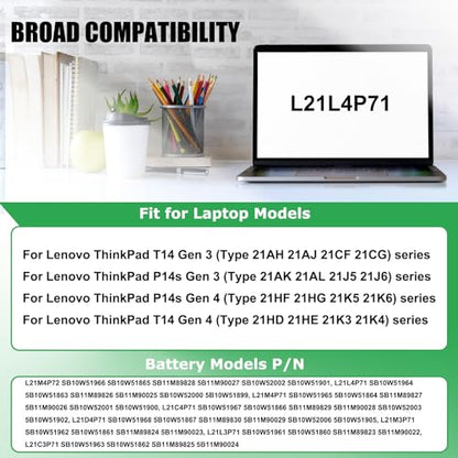 L21M4P72 L21L4P71 Laptop Battery Replacement for Lenovo ThinkPad T14 P14s Gen 3 ThinkPad T14 P14s Gen 4 Series SB10W51966 5B10W51865 L21M4P71 L21C4P71 L21D4P71 L21M3P71 L21L3P71 15.44V 52.5Wh - style: Battery L21M4P72