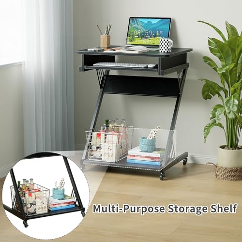 ALISENED Computer Desk for Small Spaces Compact Desk with Keyboard Tray | 23.6" Z-Shaped, with Wheels and Bottom Shelves, for Home Office, Computer Cart Mobile Laptop Cart, Black - color: Black