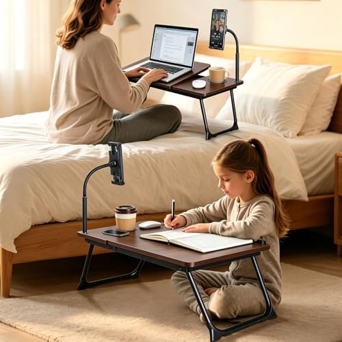 Foldable Lap Desk for Bed and Sofa, Portable Laptop Desk with Gooseneck Phone Stand, Cup Holder & Mouse Pad Extension, Extra Large Bed Desk Tray fits up to 17" Laptops (Walnut) - color: Walnut