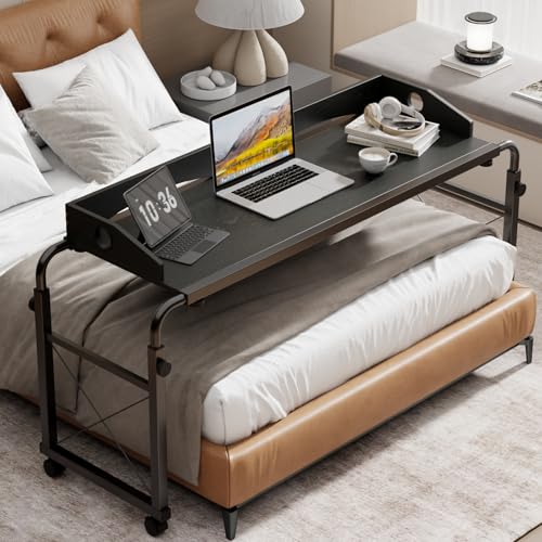 BYMECOST Laptop Desk for Bed, Adjustable Height & Length Laptop Bed Table | Overbed Table with Wheels for Queen Size Beds,Rolling Standing Desk,Over Bed Desk for Working Reading Eating - color: Black
