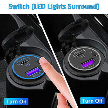 83W12V USB Outlet Qidoe 65W USB C for Laptop Car Charger Socket Quick Charge3.0 18W with Power Switch Long Body Waterproof Adapter for Car Boat Marine Truck Golf RV