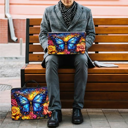 10 inch Laptop Sleeve with Laptop Skin Sticker Set – Slim Protective Case with Smooth Zipper, Lightweight Tablet & Notebook Sleeve for Travel & Daily Carry, Rose Blue Butterfly - color: Rose Blue Butterfly, size: 10 inch