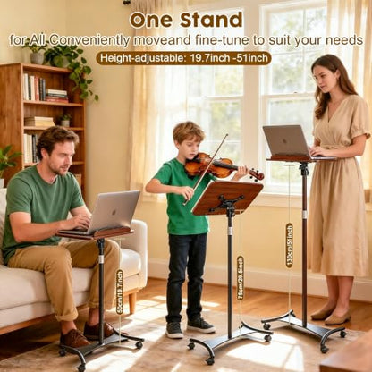 2 in 1 Dual-use Music Stand & Desktop Book Stand, Adjustable Height 16.5"-51", 100% Solid Wood Laptop Floor Stand Book Holder with Elastic Page Clips for Cookbooks (Black Walnut-Wheeled) - color: Black Walnut-wheeled