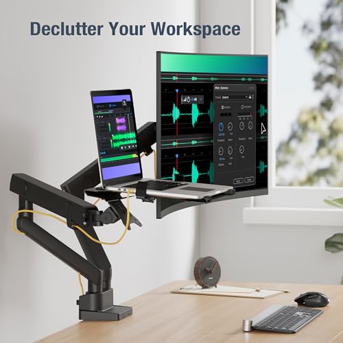 AVLT Laptop & Monitor Arm Desk Mount for 17-38" Screens - Black | Supports flat/curved/ultrawide screens up to 26.4 lbs. Smooth mechanical spring, 15.6" laptop tray and clean cable routing - size: Laptop & 38 Inch Monitor Arm
