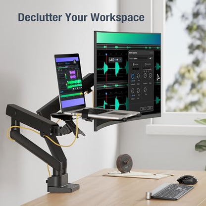 AVLT Laptop & Monitor Arm Desk Mount for 17-38" Screens - Black | Supports flat/curved/ultrawide screens up to 26.4 lbs. Smooth mechanical spring, 15.6" laptop tray and clean cable routing - size: Laptop & 38 Inch Monitor Arm