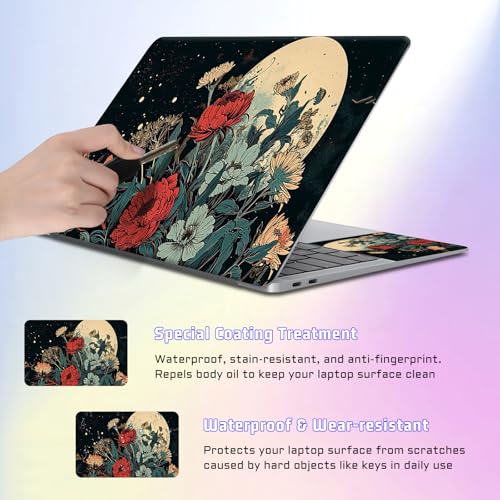 Universal Laptop Skin Sticker Decal, Compatible with MacBook HP Dell Lenovo 12"-15.6", Reusable Vinyl Notebook Cover 3PCS Set, High-Recognition Film-the Moon and Flowers - color: the moon and flowers