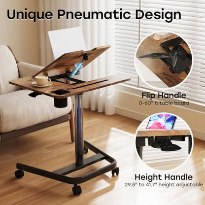 JOY worker Mobile Sit Stand Desk, 60° Tiltable Portable Desk, Rustic Brown | Pneumatic Height Adjustable Cart, Rolling Sit Stand Desk with Wheels & Cup Holder for Office Home School, Holds Up to 22lbs - color: Rustic Brown