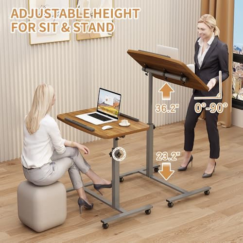 Laptop Table Mobile Adjustable Height Portable Desk Notebook Swivel PC Computer Rolling Desk with Wheels, Laptop Stand for Couch Bedside Hospital Bed Table - color: Light Walnut