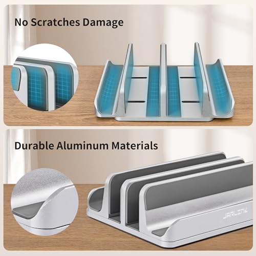JARLINK 4-in-1 Adjustable Vertical Laptop Stand, Aluminum Holder, Silver | Space-Saving Aluminum Laptop Holder, Compatible with All MacBook, Surface, Chromebook, Phone, and Gaming Laptops. - color: Silver