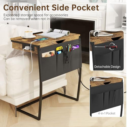Hadulcet TV Tray Table for Eating on Couch, Tiltable 0-52°, Hidden Storage | Laptop Desk for Couch with Storage & Charging Station, TV Dinner Trays for Small Spaces, C Shaped End Table, Rustic Brown - size: 28.5"