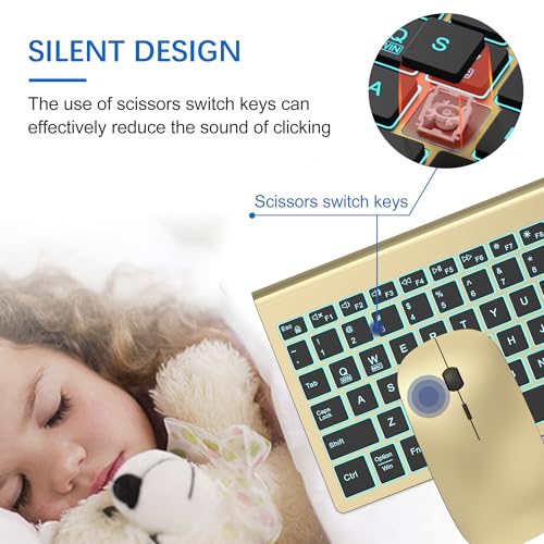 Wireless Backlit Keyboard and Mouse Ultra Slim Combo, TopMate 2.4G Silent Compact 2400DPI Mouse and Scissor Switch Keyboard Set, Batteries Included, for PC/Laptop/Windows/Mac/Gaming - BL Gold Black - color: BL Gold Black