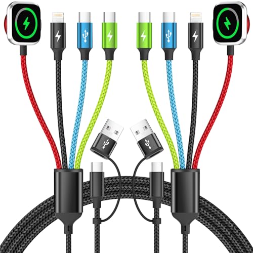 Dual USB C Multi Charging Cable with iWatch Charger, 2 Pack 5FT Travel | One Cable Powers Multiple Devices with Dual USB C, IP and iWatch Charging, Ideal for Travel, Cruises and Daily Use - color: 2Pack-Red_Blue_Black_Green-2C, style: Red iWatch Charger
