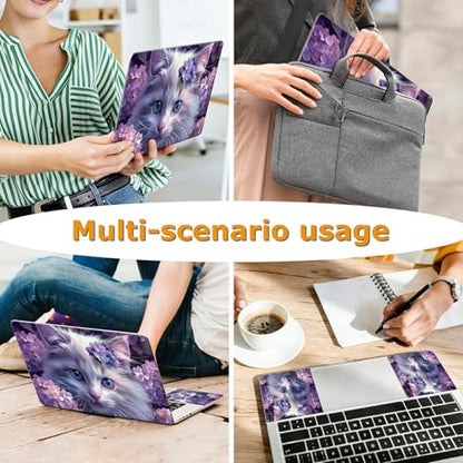 Universal Laptop Skin Sticker with 2 Wrist Pad Decals, 3-Piece Removable Vinyl Laptop Cover, Purple Flower Cat Waterproof Anti-Scratch, Easy-Trim Fit for 13.3" 14" 15.6" Laptops - color: Purple Flower Cat