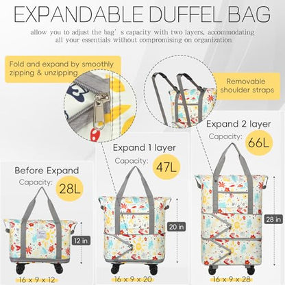VOOWO Rolling Duffel Bag with Wheels - Foldable Expandable Duffle Bag with Wheels for Travel, Rolling Luggage Bag Carry On Bag with Wheel, Large Rolling Backpack Weekend Bag for Men Women (Flower) - color: Flower