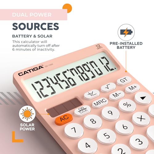 CATIGA 12 Digit Desktop Calculator Basic Desk Calculator with Large LCD Display, Big Buttons, 4 Function, Solar and Battery Dual Power, for Office, School, Home, SD-1292 Pink - color: 2) Pinkwhite