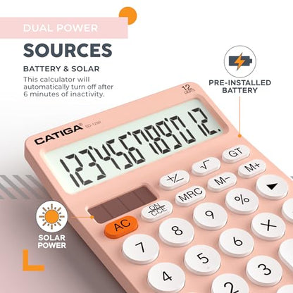 CATIGA 12 Digit Desktop Calculator Basic Desk Calculator with Large LCD Display, Big Buttons, 4 Function, Solar and Battery Dual Power, for Office, School, Home, SD-1292 Pink - color: 2) Pinkwhite
