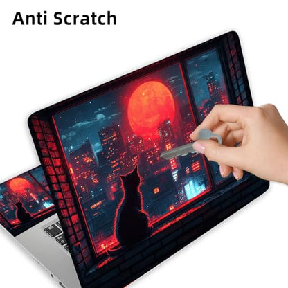 Aesthetic Laptop Skin Cover,12-15.6 Inch Universal Vinyl Sticker Decal,Waterproof Scratch-Resistant Notebook Wrap,Removable Residue-Free Protector,Red Moon City Cat - color: Red Moon City Cat