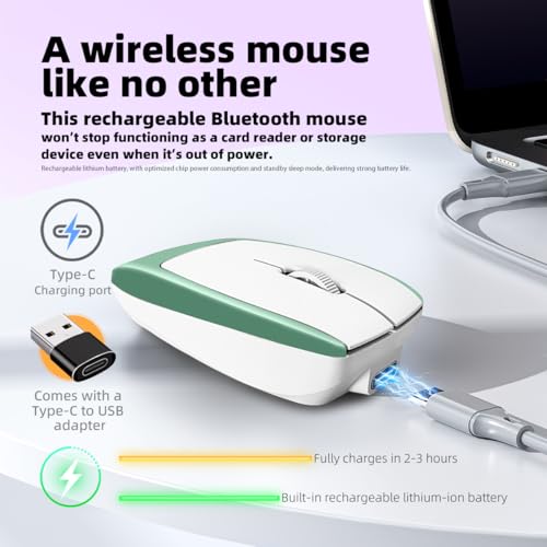 FMOUSE Compact 2-in-1 Wireless Bluetooth Mouse & Micro SD Card Reader | 8GB Card Included | Rechargeable | 3.07×1.49×0.87in | Compatible with Laptop Mac iPad Tablet | Office & Students | Green - color: Green / With 8GB TF Card
