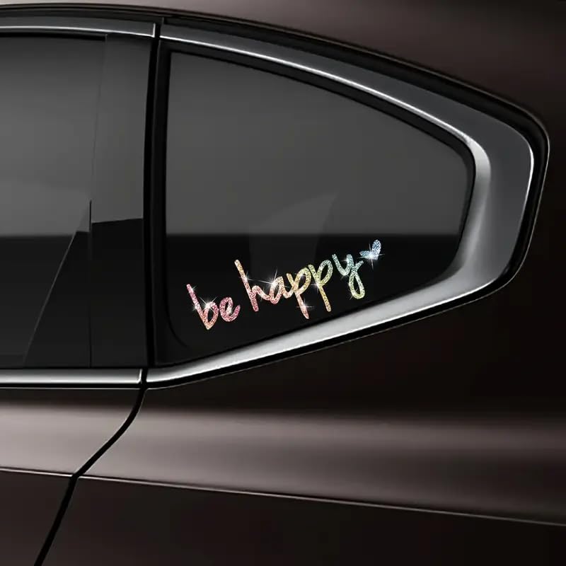 2pcs Sparkling Be Happy Glitter Heart-Shaped Self-Adhesive PVC Rainbow Glittery Decal Sticker for Cars, Laptops, Trucks, Motorcycles Wall Window Luggage Scratch Cover Door Multi-Surface Decor Sticker