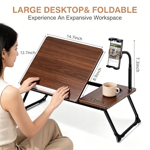 Foldable Lap Desk for Bed and Sofa, Portable Laptop Desk with Gooseneck Phone Stand, Cup Holder & Mouse Pad Extension, Extra Large Bed Desk Tray fits up to 17" Laptops (Walnut) - color: Walnut
