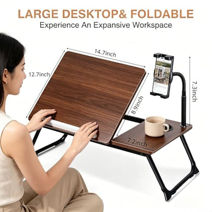 Foldable Lap Desk for Bed and Sofa, Portable Laptop Desk with Gooseneck Phone Stand, Cup Holder & Mouse Pad Extension, Extra Large Bed Desk Tray fits up to 17" Laptops (Walnut) - color: Walnut