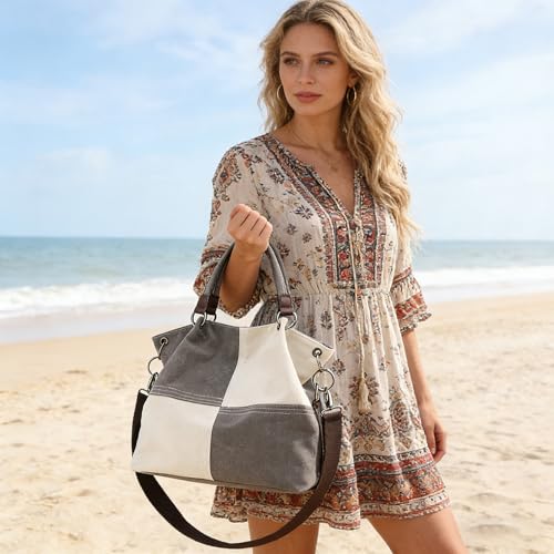 Women's Canvas Color Block Tote Bag Convertible Crossbody Hobo Handbag Lightweight Shoulder Bag for Daily Travel Work - color: Grey
